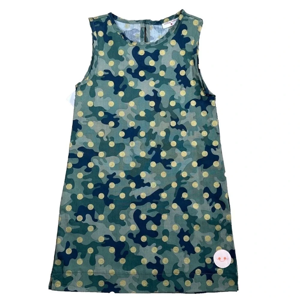 Smiling Button Polka Dot Dress Girls Green Camo Gold Tunic